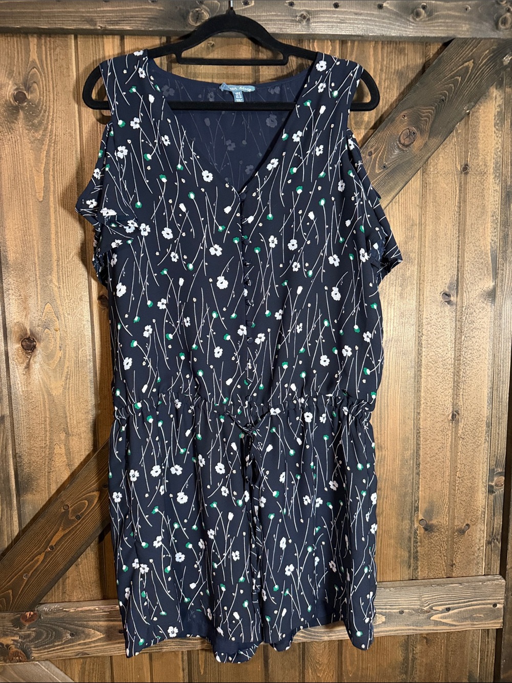Navy Floral Cold-Shoulder Romper with Drawstring Waist